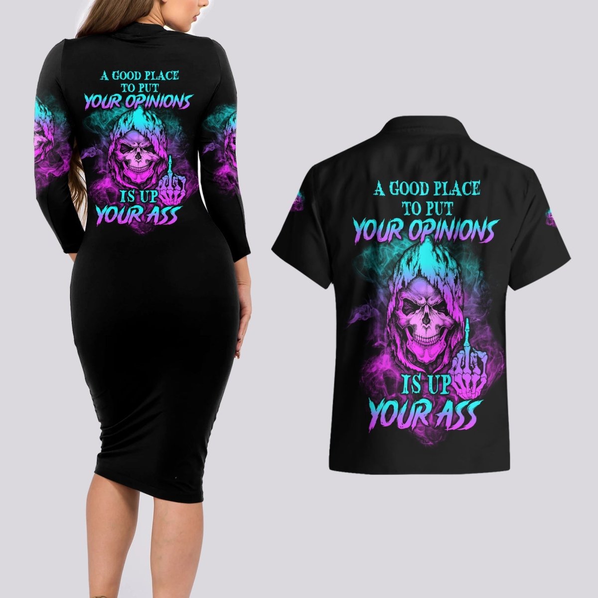 A Good Place To Put Your Opinions Couples Matching Long Sleeve Bodycon Dress and Hawaiian Shirt TS04 - The Mazicc - S - S - Multicolor