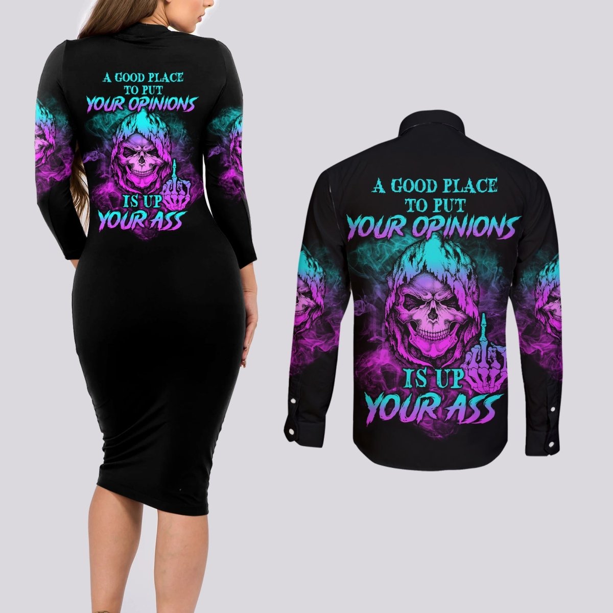 A Good Place To Put Your Opinions Couples Matching Long Sleeve Bodycon Dress and Long Sleeve Button Shirt TS04 - The Mazicc - S - S - Multicolor