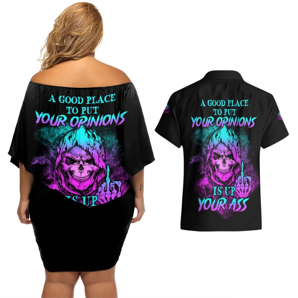 A Good Place To Put Your Opinions Couples Matching Off Shoulder Short Dress and Hawaiian Shirt TS04 - The Mazicc - S - S - Multicolor