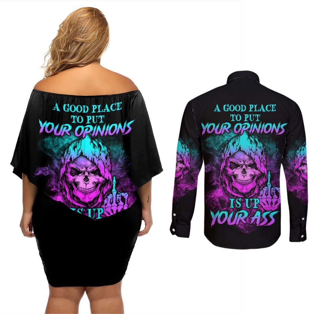 A Good Place To Put Your Opinions Couples Matching Off Shoulder Short Dress and Long Sleeve Button Shirt TS04 - The Mazicc - S - S - Multicolor