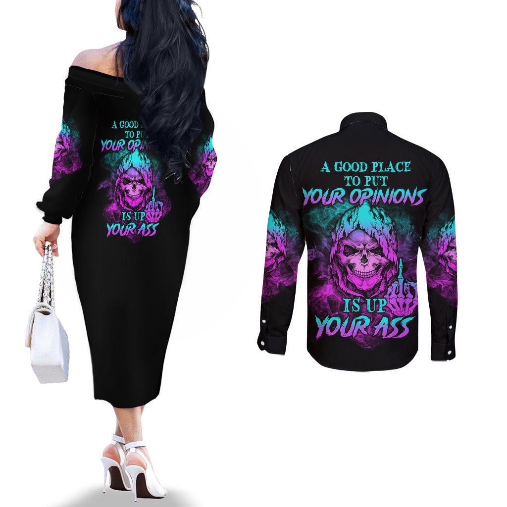 A Good Place To Put Your Opinions Couples Matching Off The Shoulder Long Sleeve Dress and Long Sleeve Button Shirt TS04 - The Mazicc - S - S - Multicolor