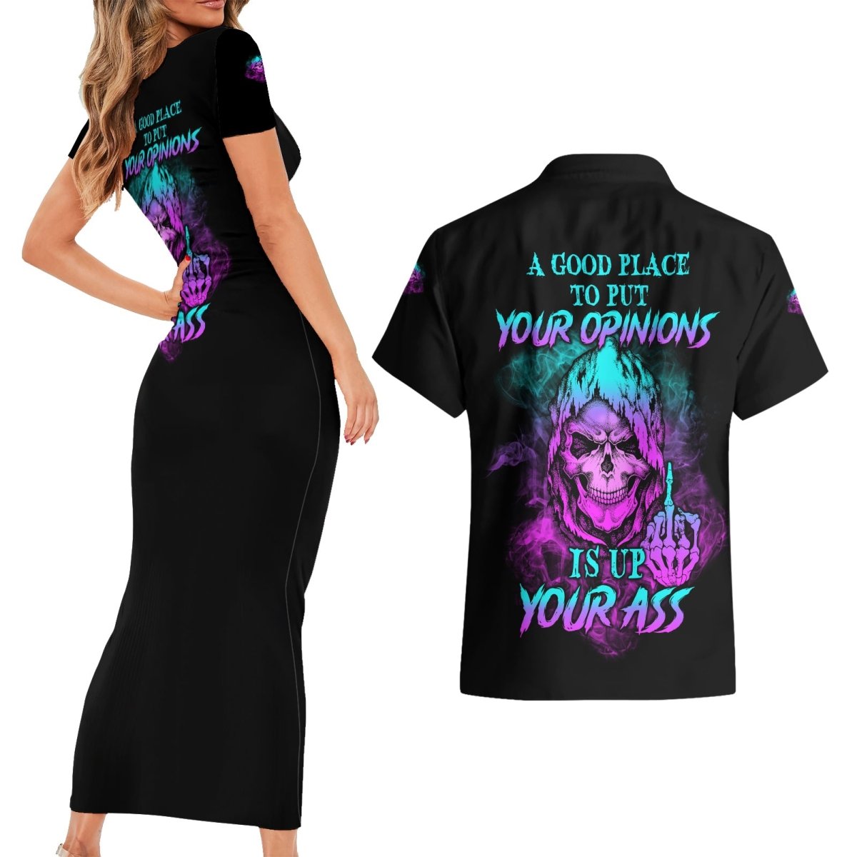 A Good Place To Put Your Opinions Couples Matching Short Sleeve Bodycon Dress and Hawaiian Shirt TS04 - The Mazicc - S - S - Multicolor
