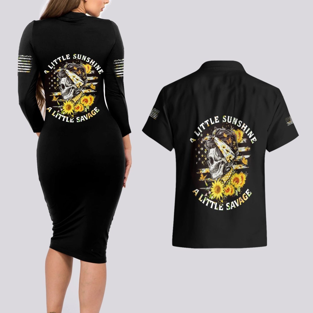 A Little Sunshine A Little Savage Skull Couples Matching Long Sleeve Bodycon Dress and Hawaiian Shirt TS04 - The Mazicc - S - S - Multicolor