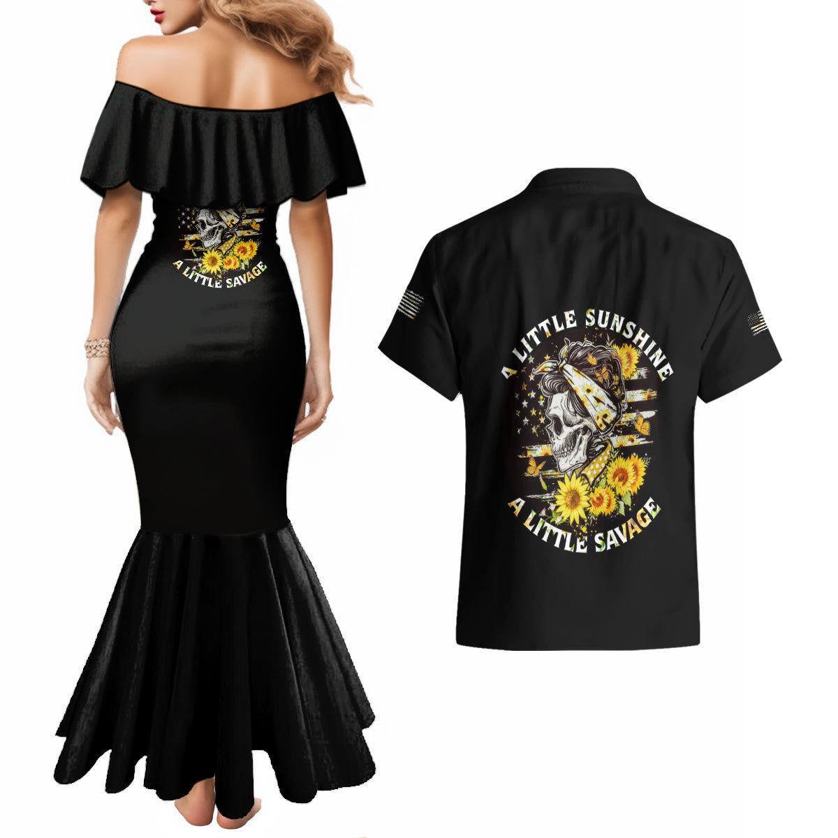 A Little Sunshine A Little Savage Skull Couples Matching Mermaid Dress and Hawaiian Shirt TS04 - The Mazicc - S - S - Multicolor