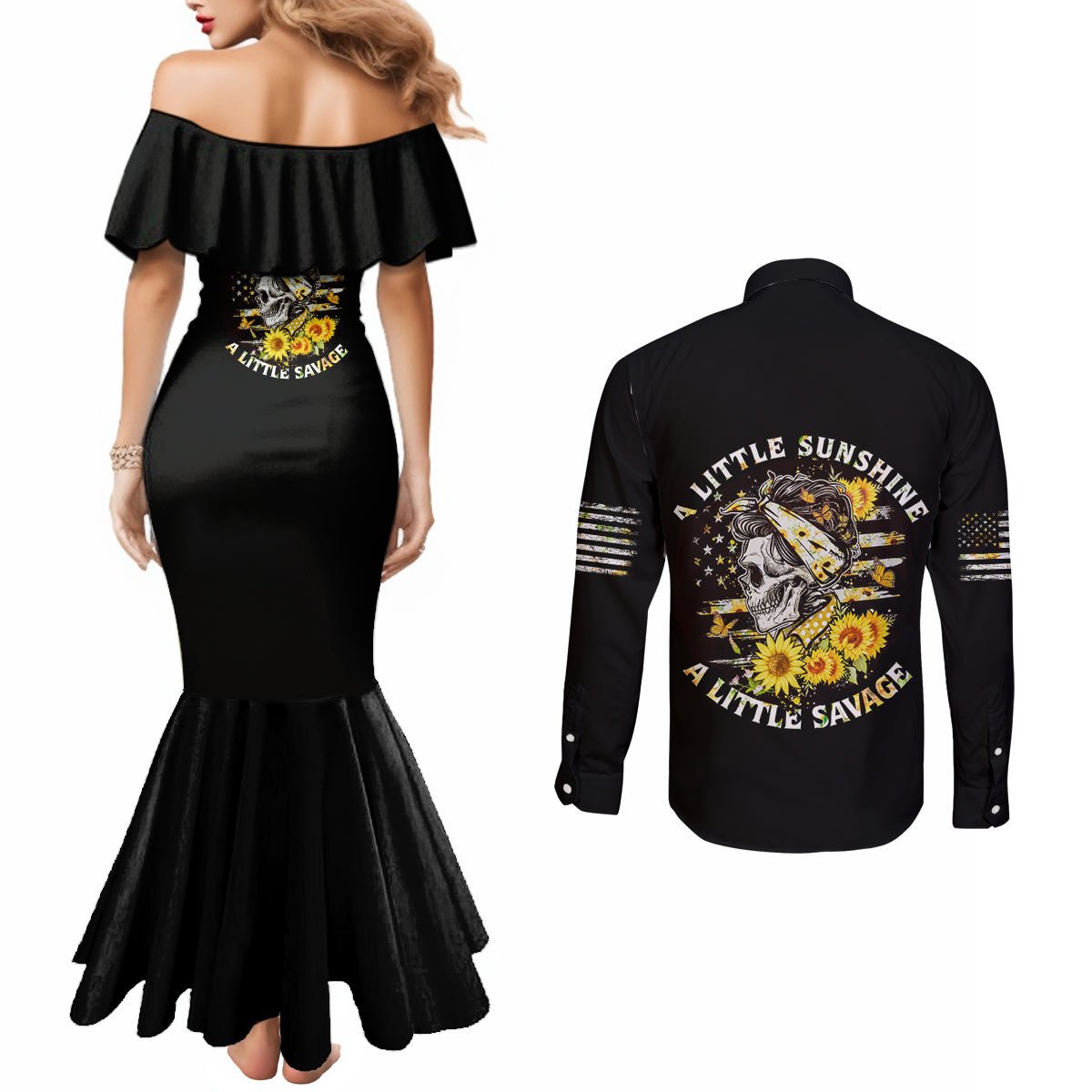 A Little Sunshine A Little Savage Skull Couples Matching Mermaid Dress and Long Sleeve Button Shirt TS04 - The Mazicc - S - S - Multicolor
