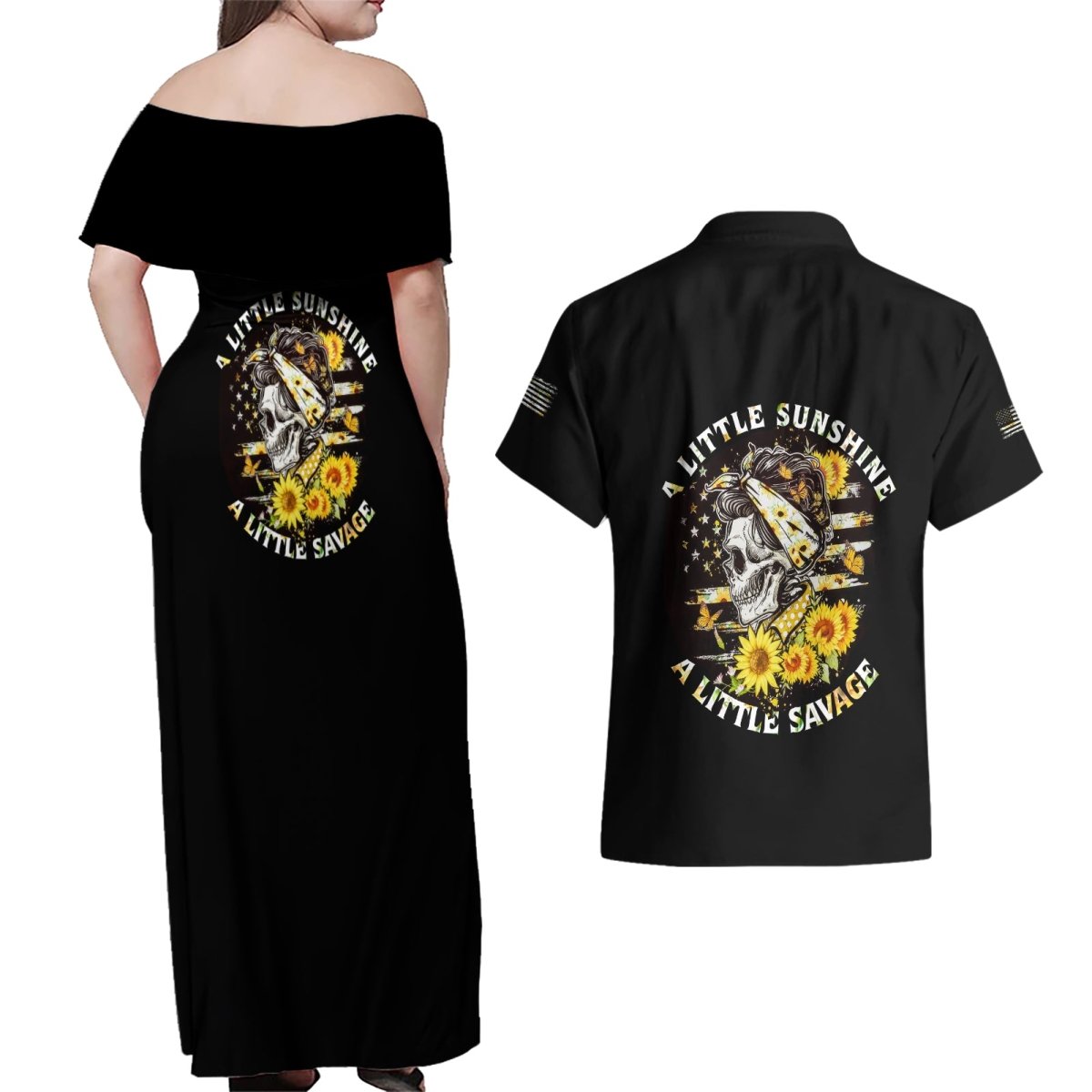 A Little Sunshine A Little Savage Skull Couples Matching Off Shoulder Maxi Dress and Hawaiian Shirt TS04 - The Mazicc - S - S - Multicolor
