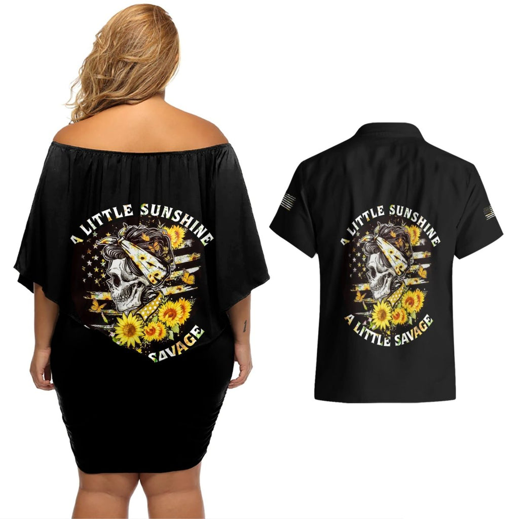 A Little Sunshine A Little Savage Skull Couples Matching Off Shoulder Short Dress and Hawaiian Shirt TS04 - The Mazicc - S - S - Multicolor
