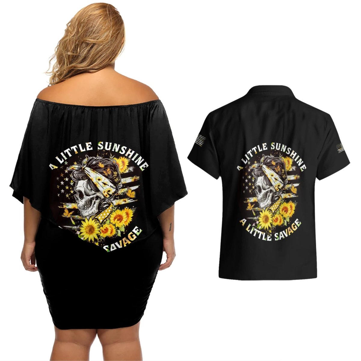 A Little Sunshine A Little Savage Skull Couples Matching Off Shoulder Short Dress and Hawaiian Shirt TS04 - The Mazicc - S - S - Multicolor