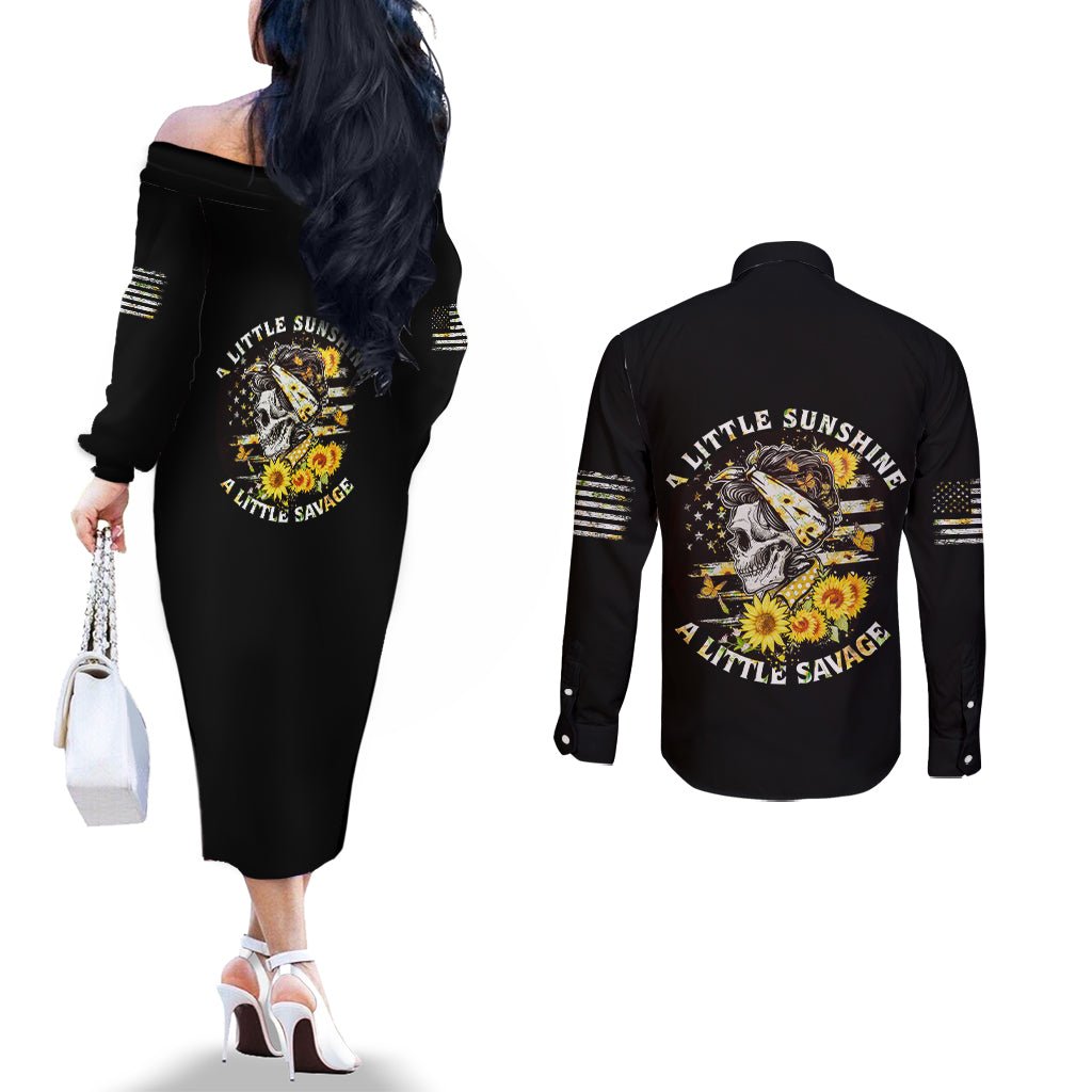 A Little Sunshine A Little Savage Skull Couples Matching Off The Shoulder Long Sleeve Dress and Long Sleeve Button Shirt TS04 - The Mazicc - S - S - Multicolor