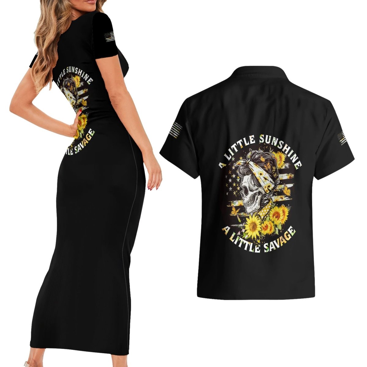 A Little Sunshine A Little Savage Skull Couples Matching Short Sleeve Bodycon Dress and Hawaiian Shirt TS04 - The Mazicc - S - S - Multicolor