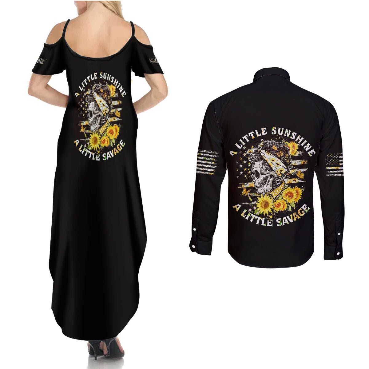 A Little Sunshine A Little Savage Skull Couples Matching Summer Maxi Dress and Long Sleeve Button Shirt TS04 - The Mazicc - S - S - Multicolor