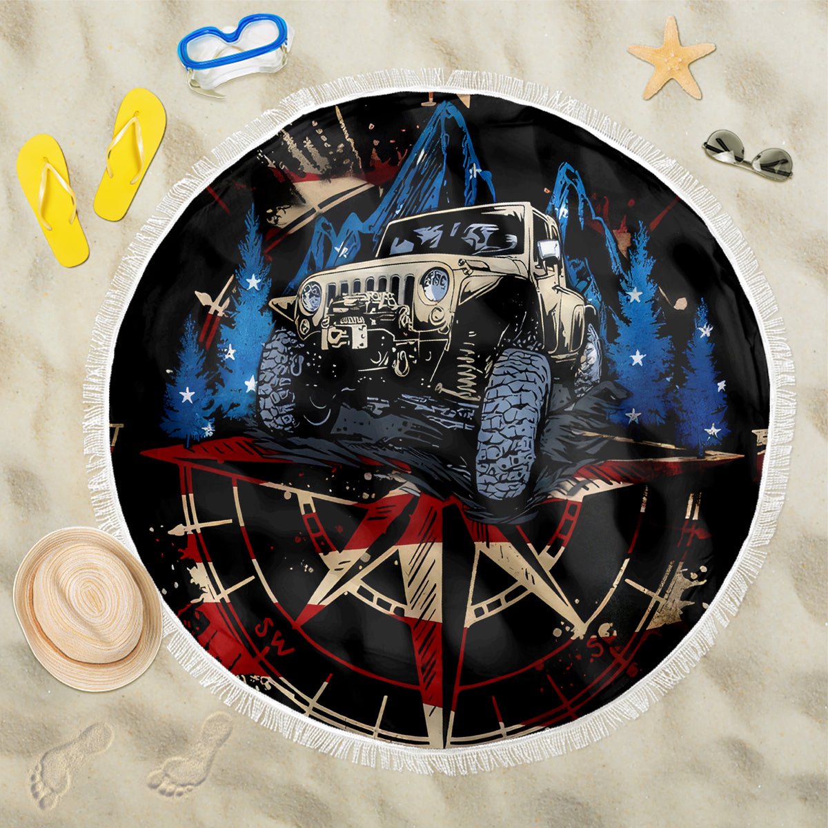 Adventure Jeep Beach Blanket Compass Jeep Life DT01 - The Mazicc - One Size - 150cm - Black