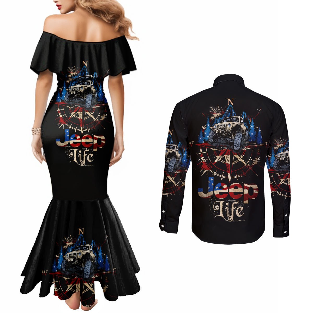 Adventure Jeep Couples Matching Mermaid Dress and Long Sleeve Button Shirt Compass Jeep Life DT01 - The Mazicc - S - S - Black
