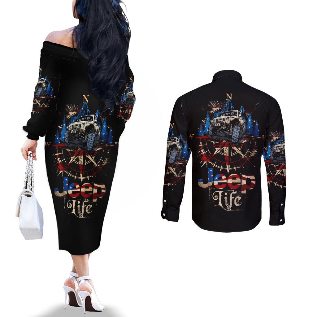 Adventure Jeep Couples Matching Off The Shoulder Long Sleeve Dress and Long Sleeve Button Shirt Compass Jeep Life DT01 - The Mazicc - S - S - Black