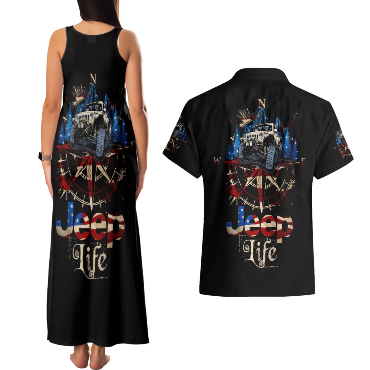Adventure Jeep Couples Matching Tank Maxi Dress and Hawaiian Shirt Compass Jeep Life DT01 - The Mazicc - S - S - Black