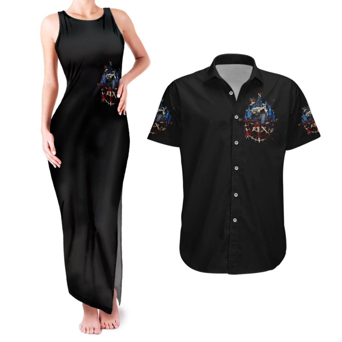 Adventure Jeep Couples Matching Tank Maxi Dress and Hawaiian Shirt Compass Jeep Life DT01 - The Mazicc - S - S - Black