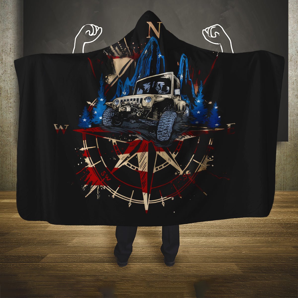 Adventure Jeep Hooded Blanket Compass Jeep Life DT01 - The Mazicc - Youth 60"x45" - One Size - Black