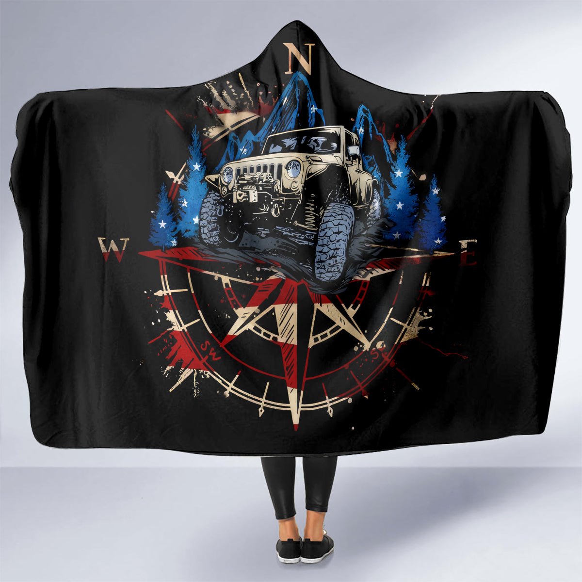 Adventure Jeep Hooded Blanket Compass Jeep Life DT01 - The Mazicc - Youth 60"x45" - One Size - Black