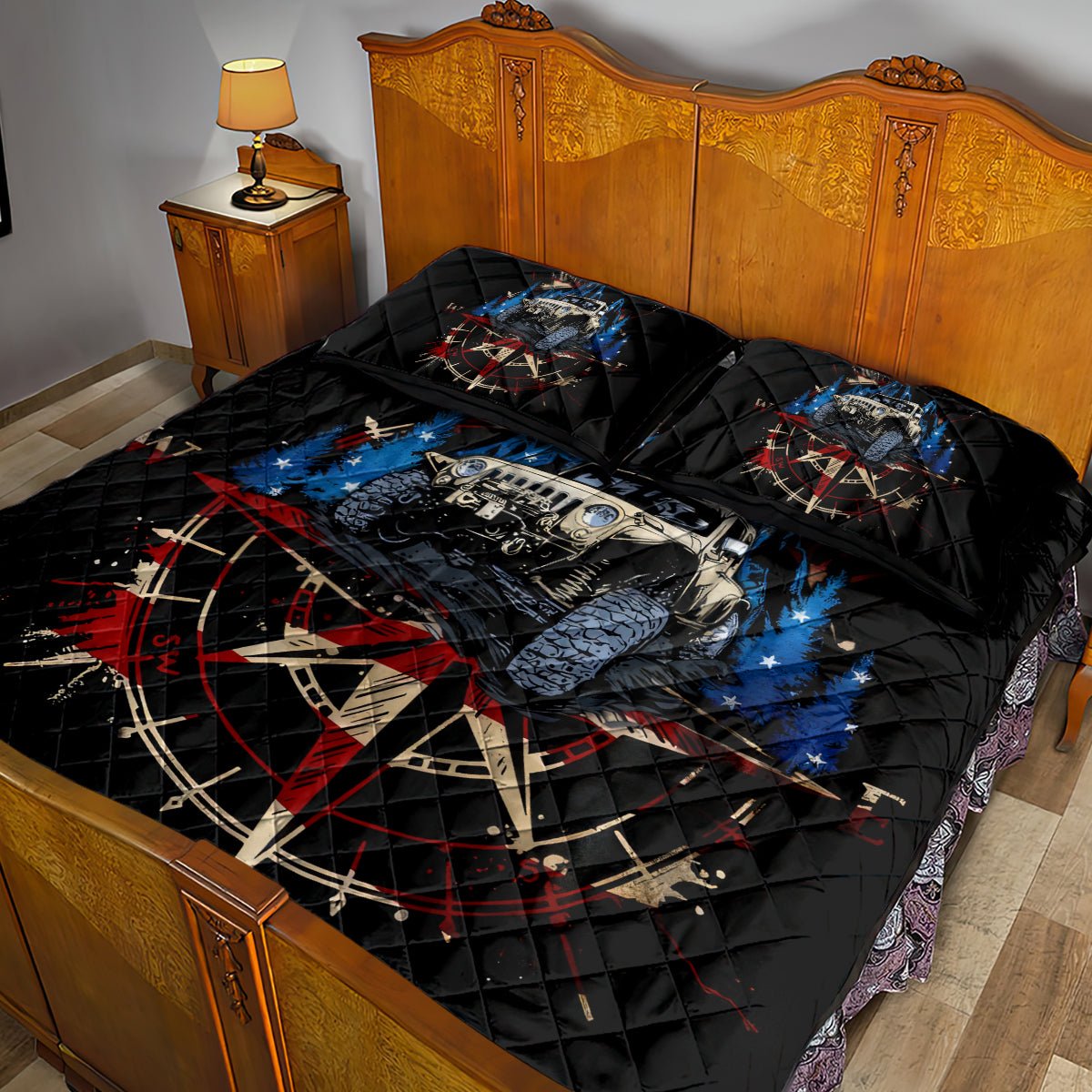 Adventure Jeep Quilt Bed Set Compass Jeep Life DT01 - The Mazicc - Twin - 190cm x 216cm - Black