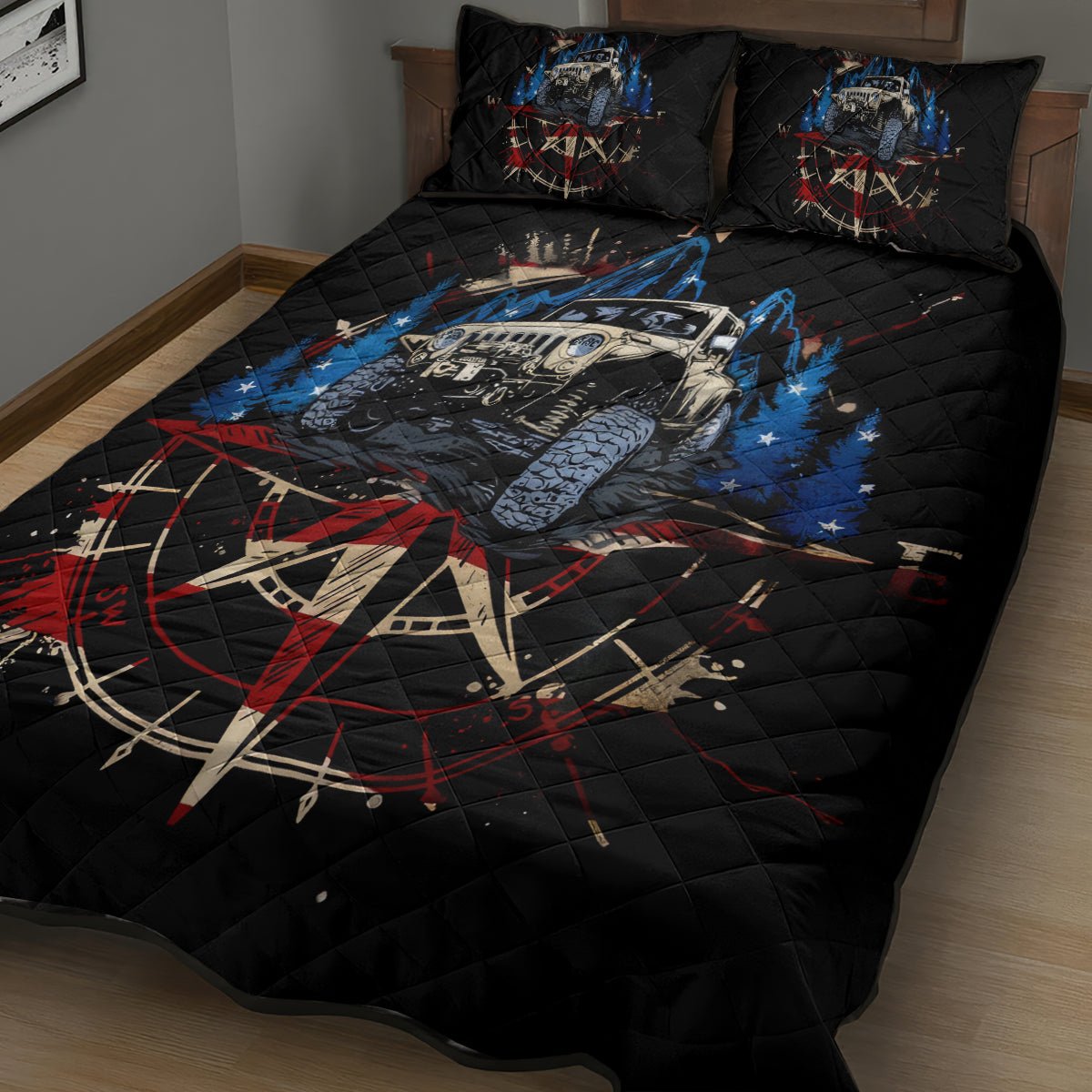 Adventure Jeep Quilt Bed Set Compass Jeep Life DT01 - The Mazicc - Twin - 190cm x 216cm - Black