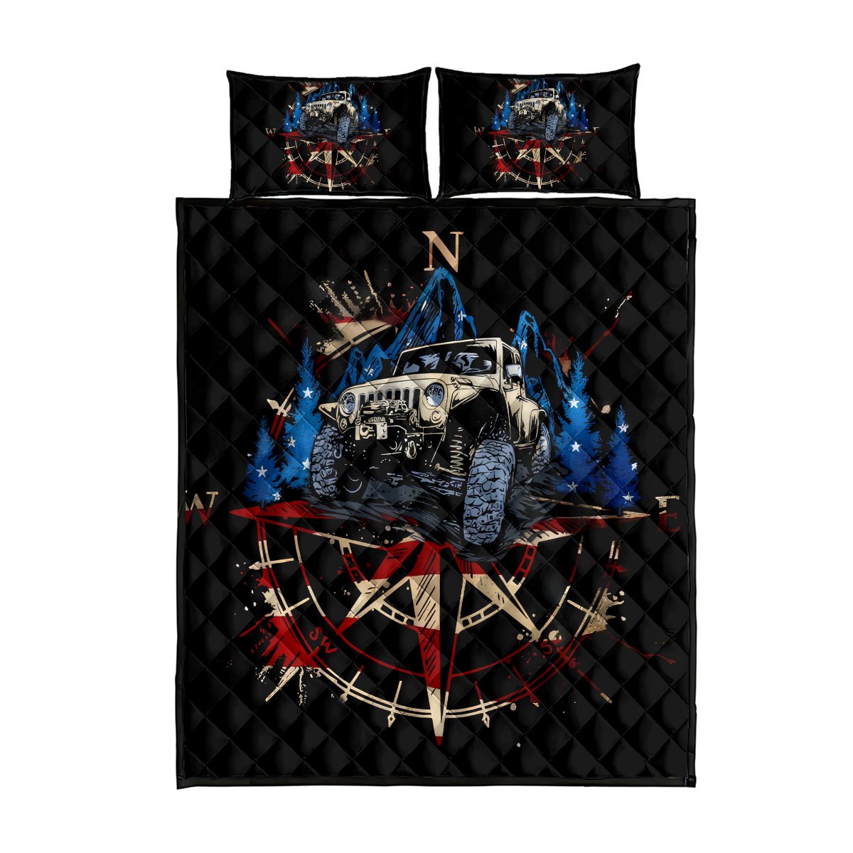 Adventure Jeep Quilt Bed Set Compass Jeep Life DT01 - The Mazicc - Twin - 190cm x 216cm - Black