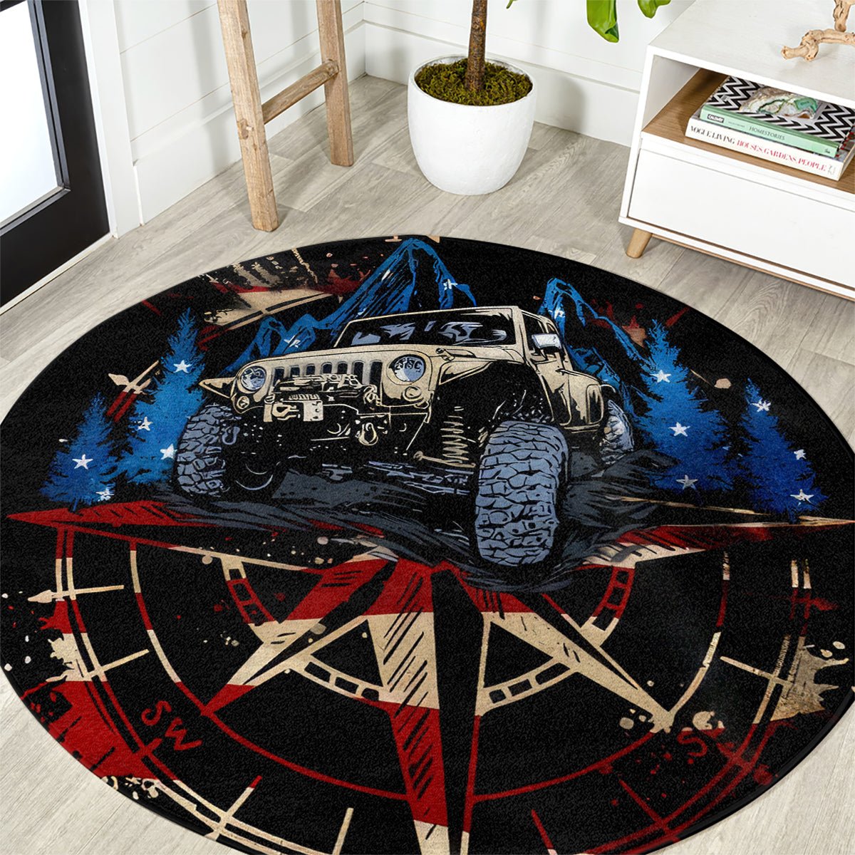 Adventure Jeep Round Carpet Compass Jeep Life DT01 - The Mazicc - S - 23.6 inches / 60 cm - Black