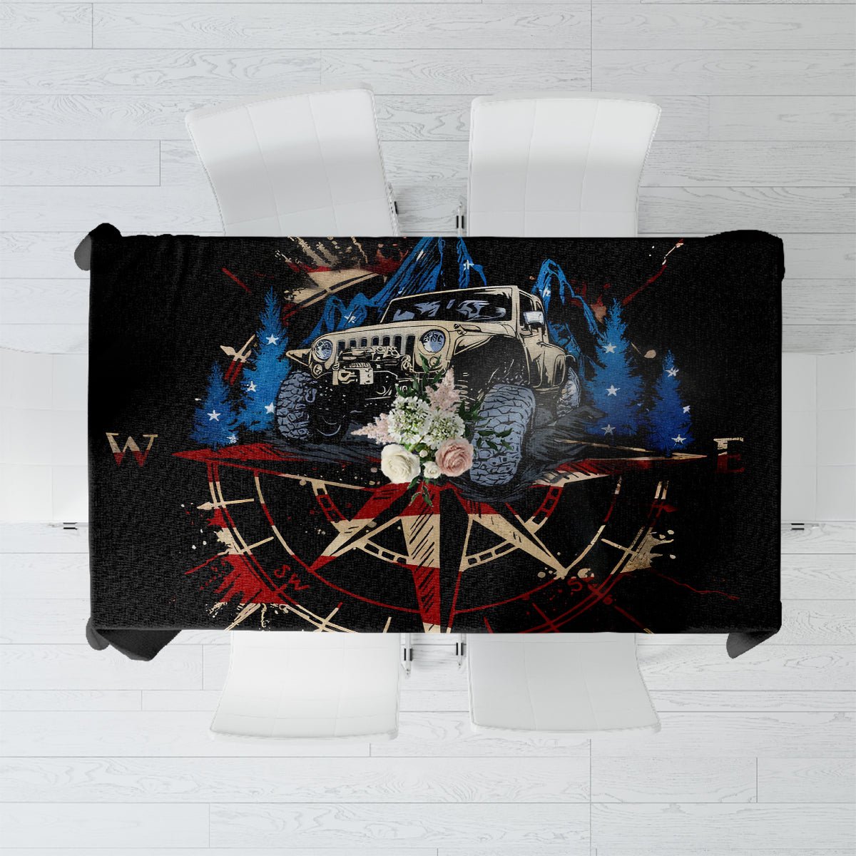 Adventure Jeep Tablecloth Compass Jeep Life DT01 - The Mazicc - S - 90 x 90 cm - Black