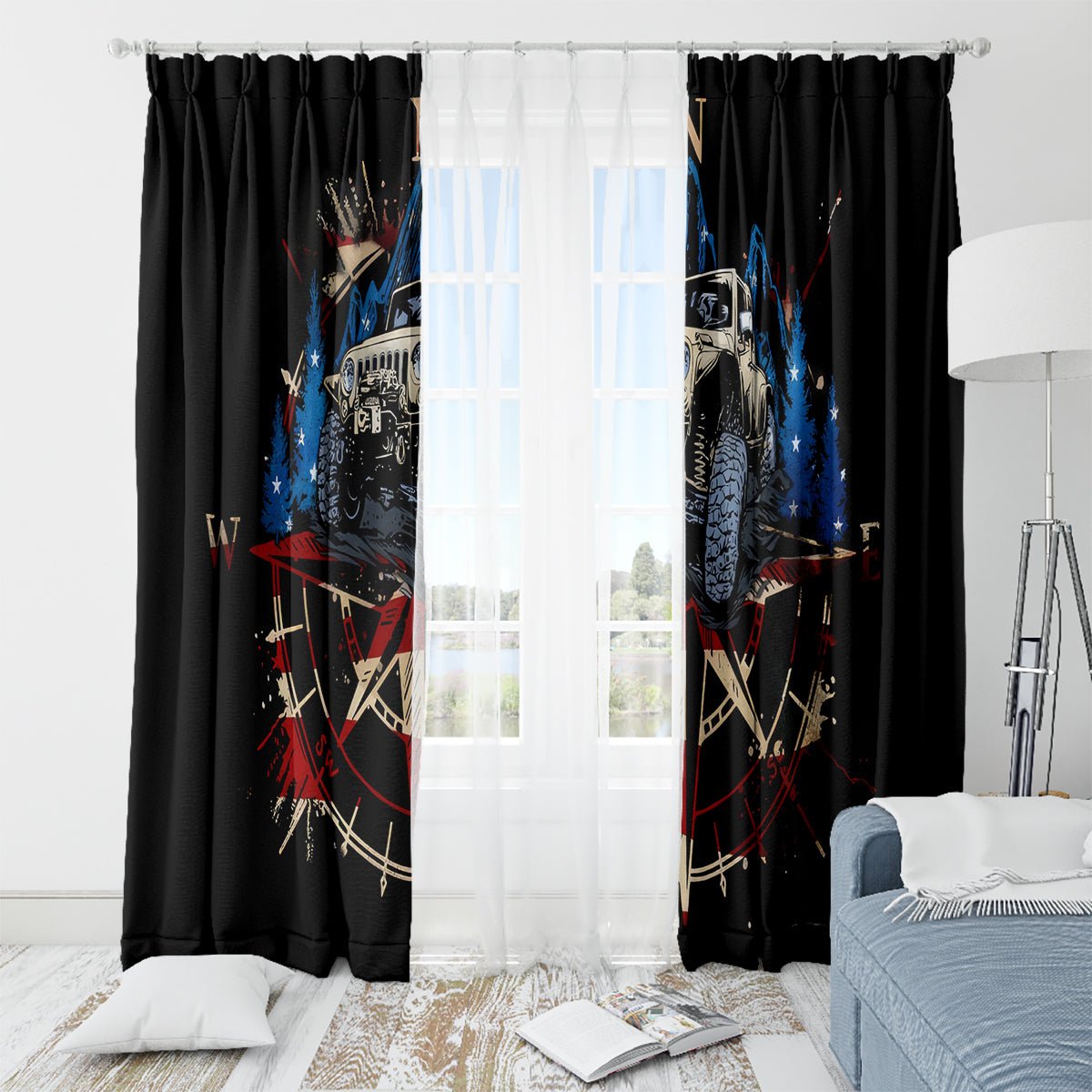 Adventure Jeep Window Curtain Compass Jeep Life DT01 - The Mazicc - With Grommets - 107cm x 213cm - Black