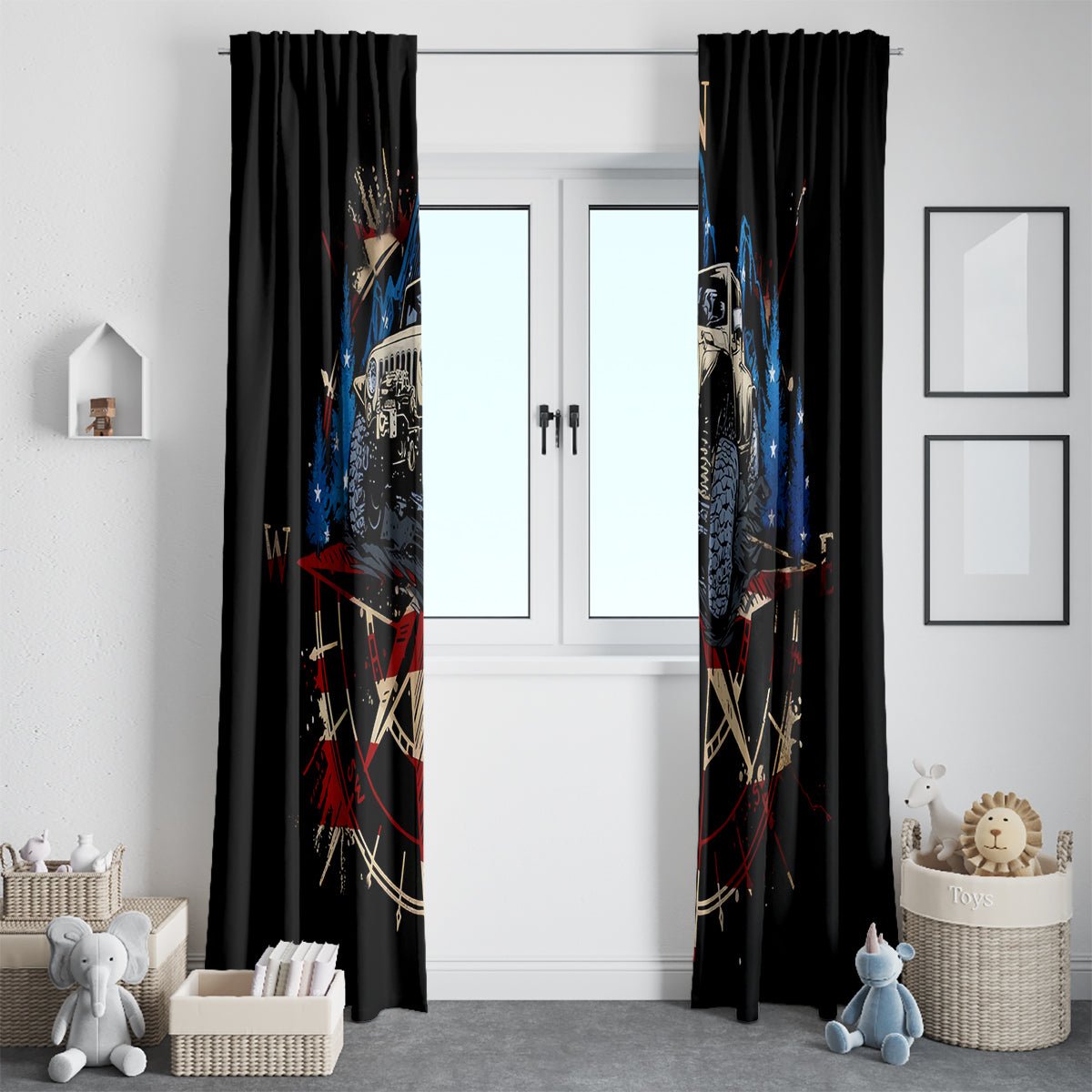 Adventure Jeep Window Curtain Compass Jeep Life DT01 - The Mazicc - With Hooks - 107cm x 213cm - Black