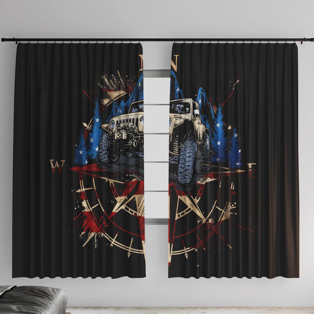 Adventure Jeep Window Curtain Compass Jeep Life DT01 - The Mazicc - With Hooks - 107cm x 213cm - Black
