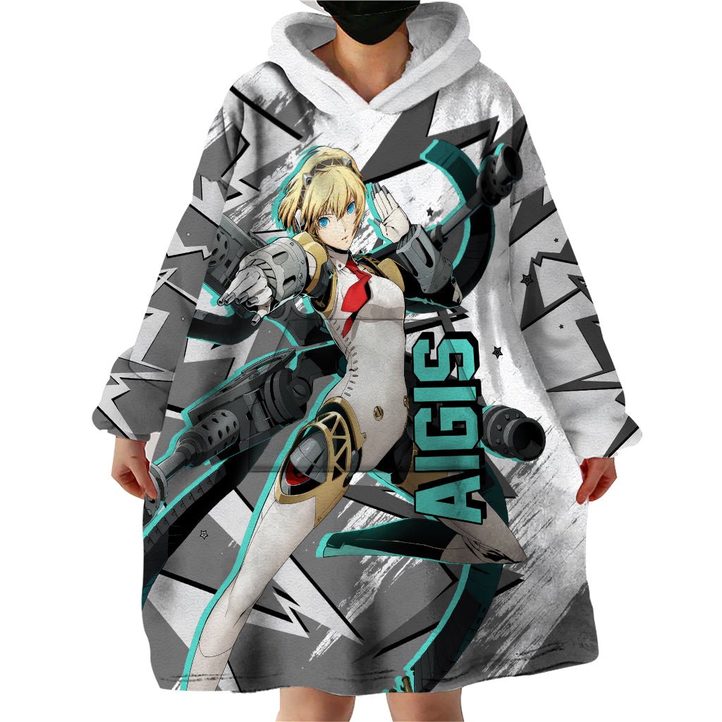 Aigis Persona Wearable Blanket Hoodie Anime Mix Polygon Cyber Style TS04 - The Mazicc - Adult - One Size - Multicolor