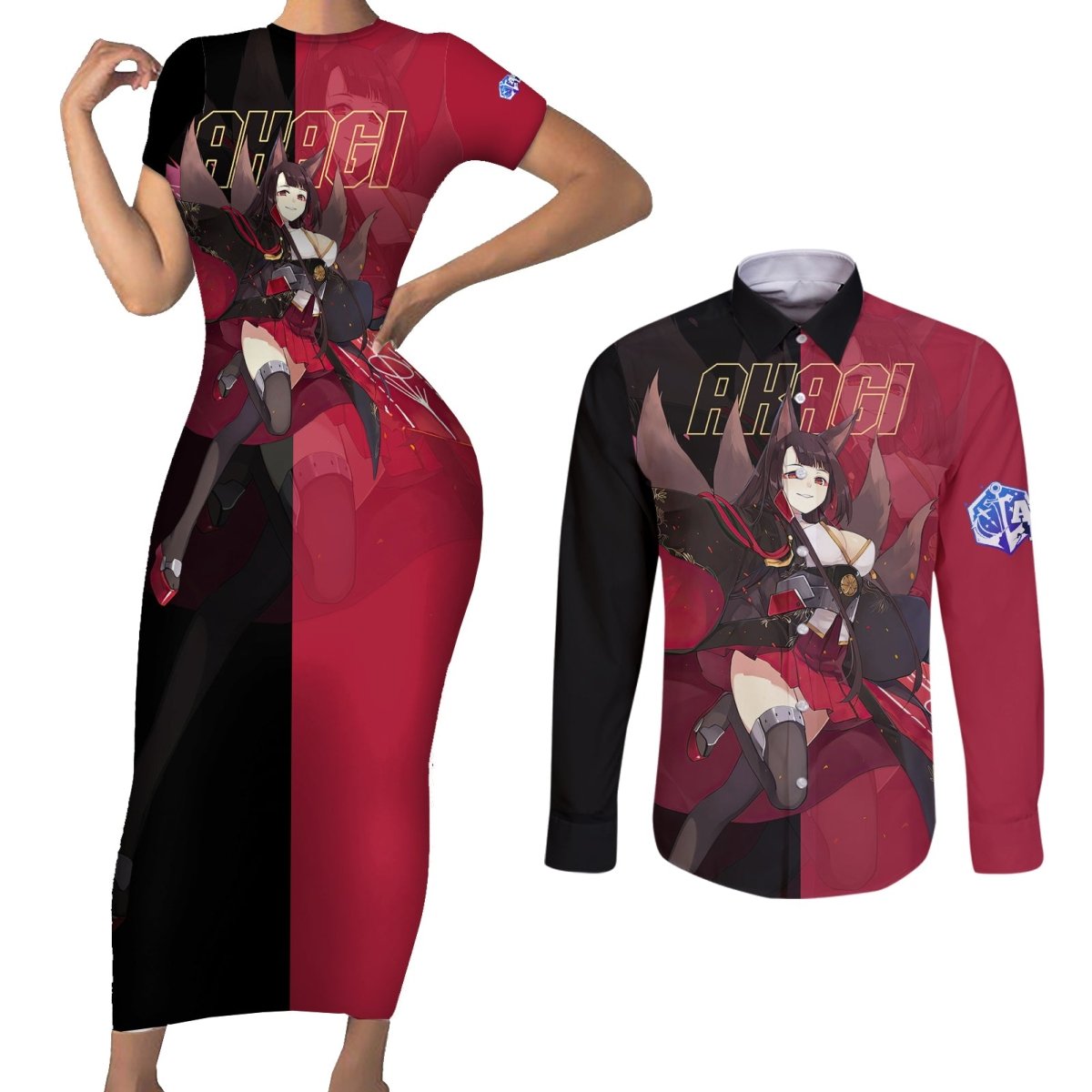 Akagi - Azur Lane Couples Matching Short Sleeve Bodycon Dress and Long Sleeve Button Shirt Anime Game Style TS04 - The Mazicc - S - S - Black/Red
