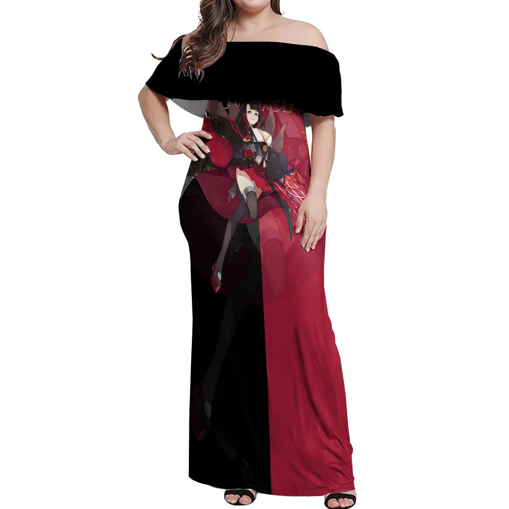 Akagi - Azur Lane Off Shoulder Maxi Dress Anime Game Style TS04 - The Mazicc - Women - S - Black/Red