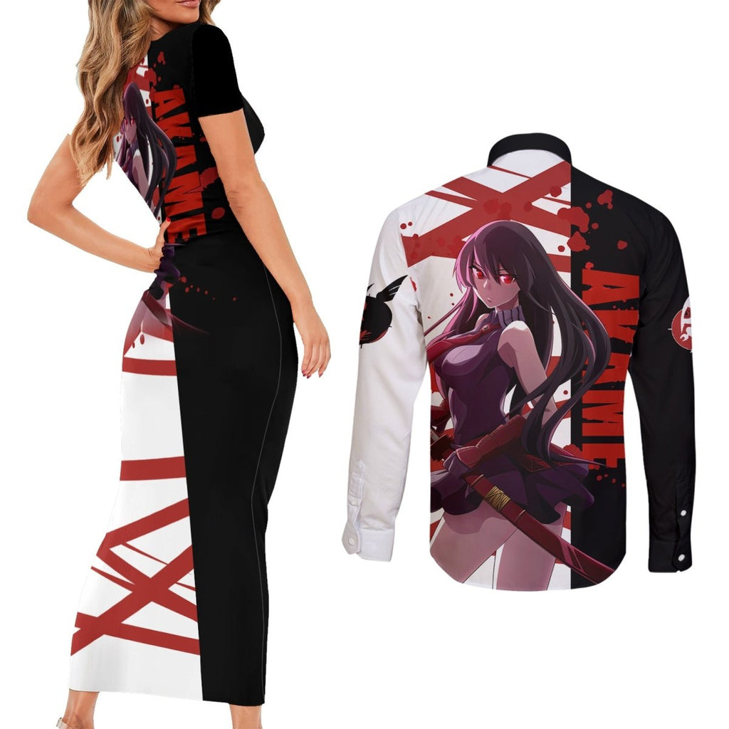 Akame - Akame ga Kill Couples Matching Short Sleeve Bodycon Dress and Long Sleeve Button Shirt Anime Mix Grunge Blood Style TS04 - The Mazicc - S - S - Black/White