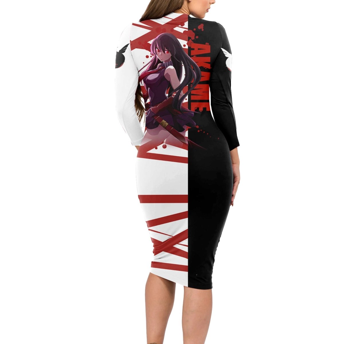 Akame - Akame ga Kill Long Sleeve Bodycon Dress Anime Mix Grunge Blood Style TS04 - The Mazicc - Long Dress - S - Black/White
