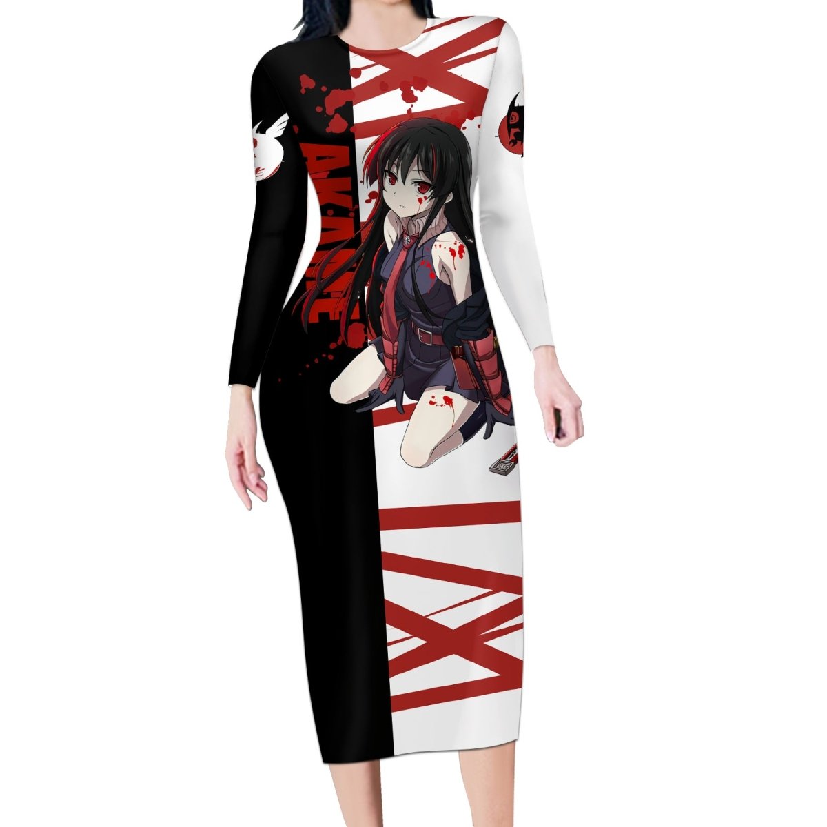 Akame - Akame ga Kill Long Sleeve Bodycon Dress Anime Mix Grunge Blood Style TS04 - The Mazicc - Long Dress - S - Black/White