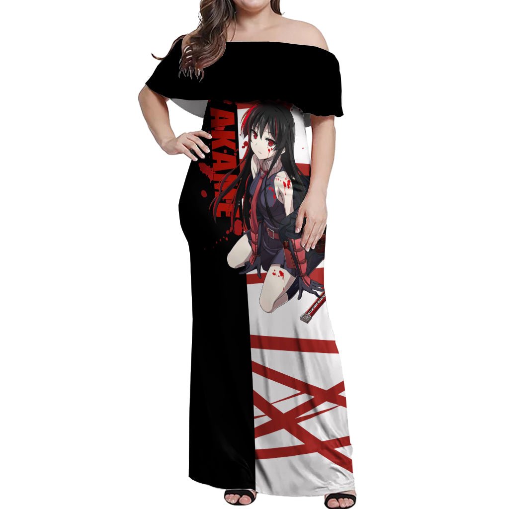Akame - Akame ga Kill Off Shoulder Maxi Dress Anime Mix Grunge Blood Style TS04 - The Mazicc - Women - S - Black/White