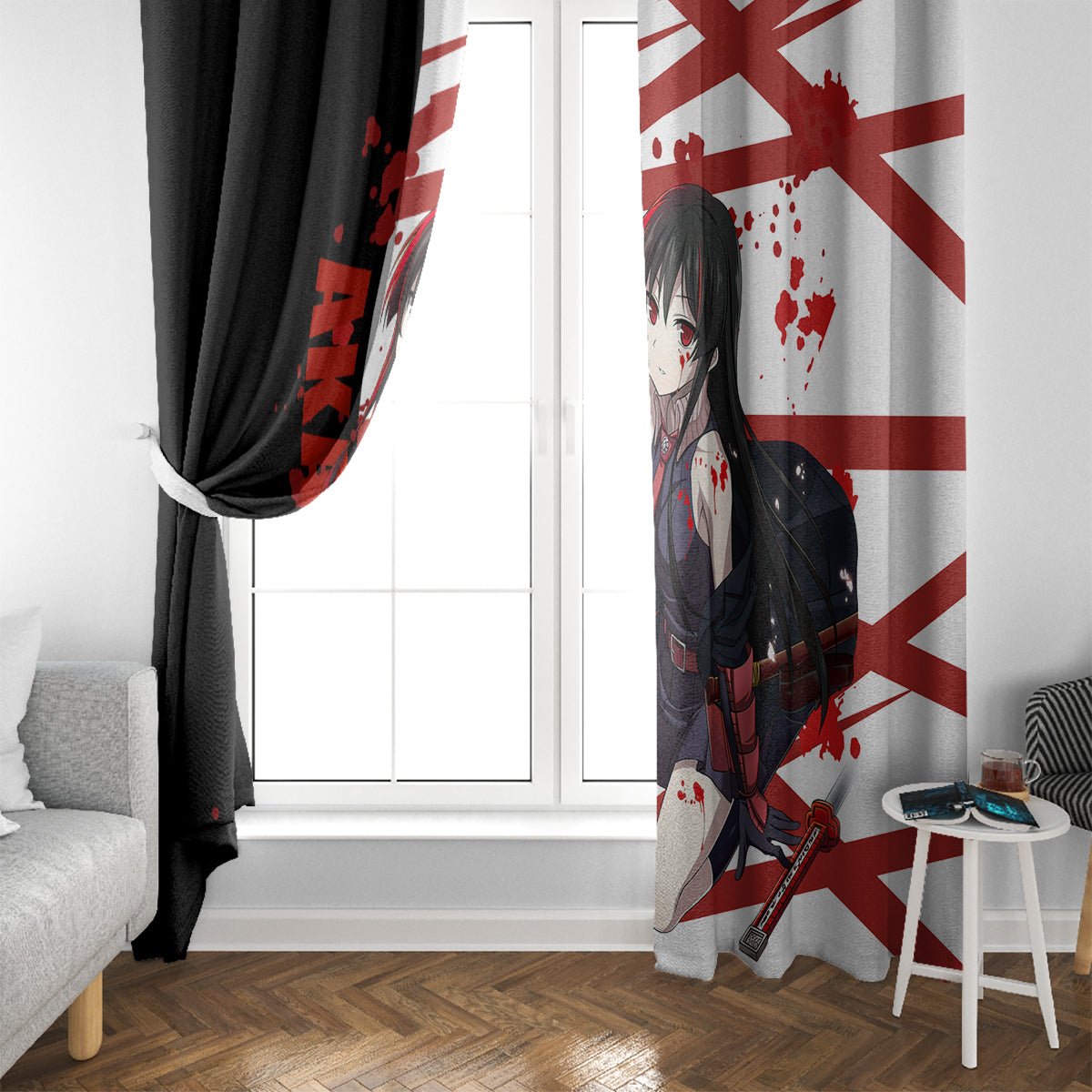 Akame - Akame ga Kill Window Curtain Anime Mix Grunge Blood Style TS04 - The Mazicc - With Hooks - 107cm x 213cm - Black/White