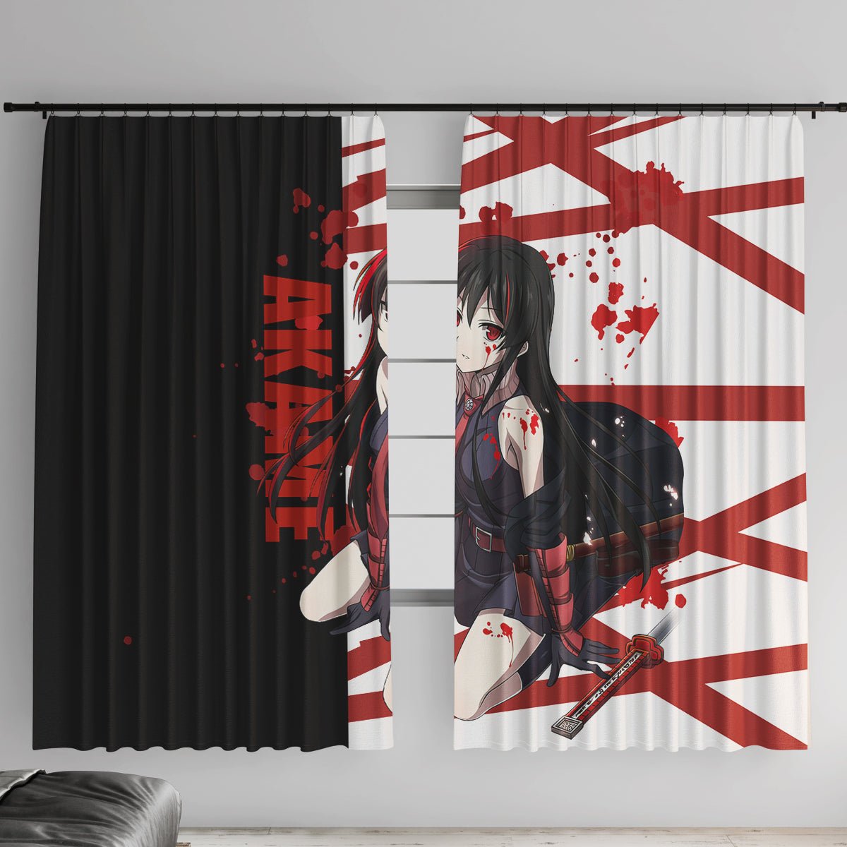 Akame - Akame ga Kill Window Curtain Anime Mix Grunge Blood Style TS04 - The Mazicc - With Hooks - 107cm x 213cm - Black/White