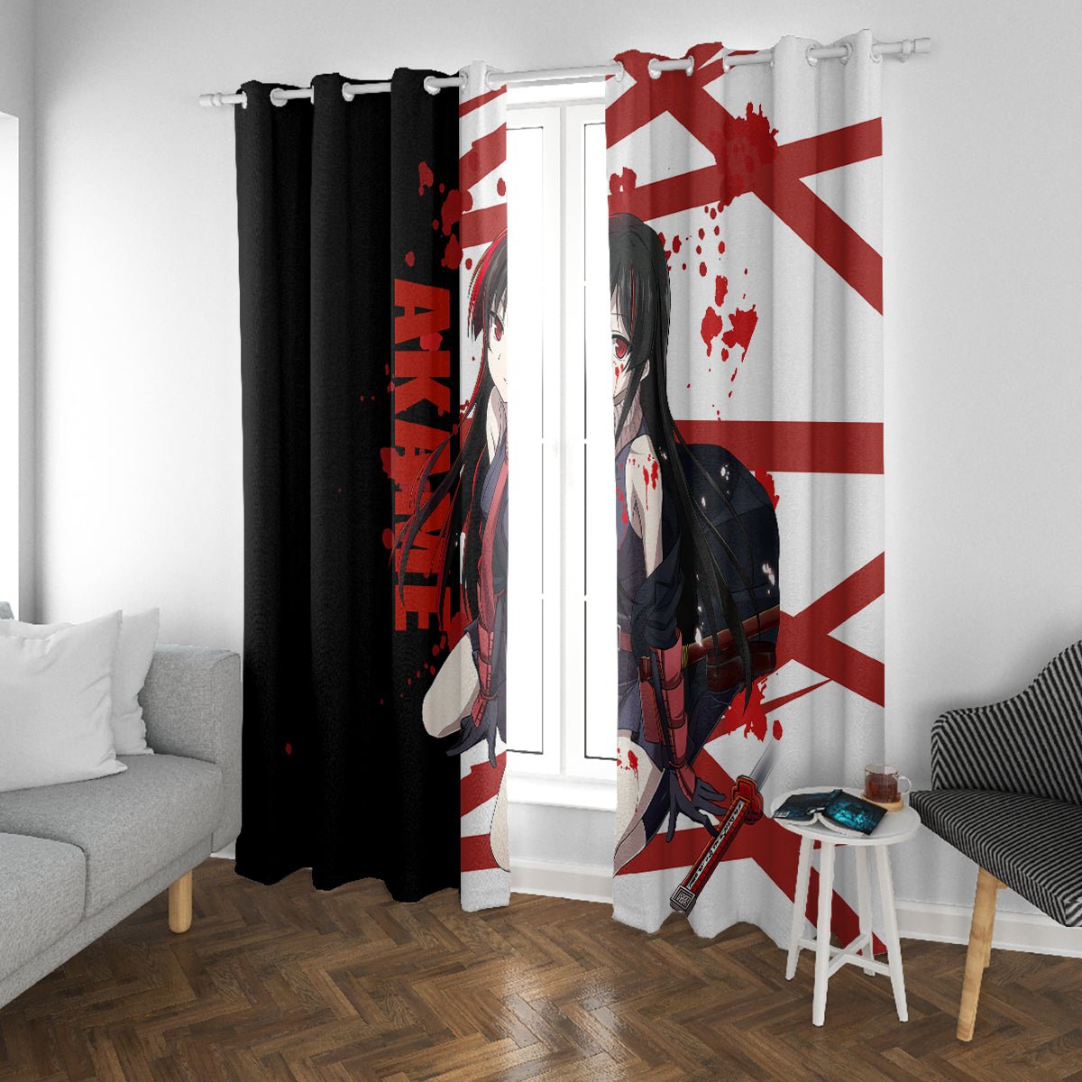 Akame - Akame ga Kill Window Curtain Anime Mix Grunge Blood Style TS04 - The Mazicc - With Grommets - 107cm x 213cm - Black/White