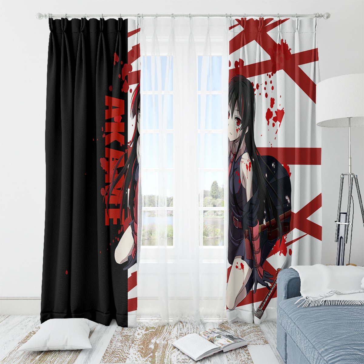 Akame - Akame ga Kill Window Curtain Anime Mix Grunge Blood Style TS04 - The Mazicc - With Grommets - 107cm x 213cm - Black/White