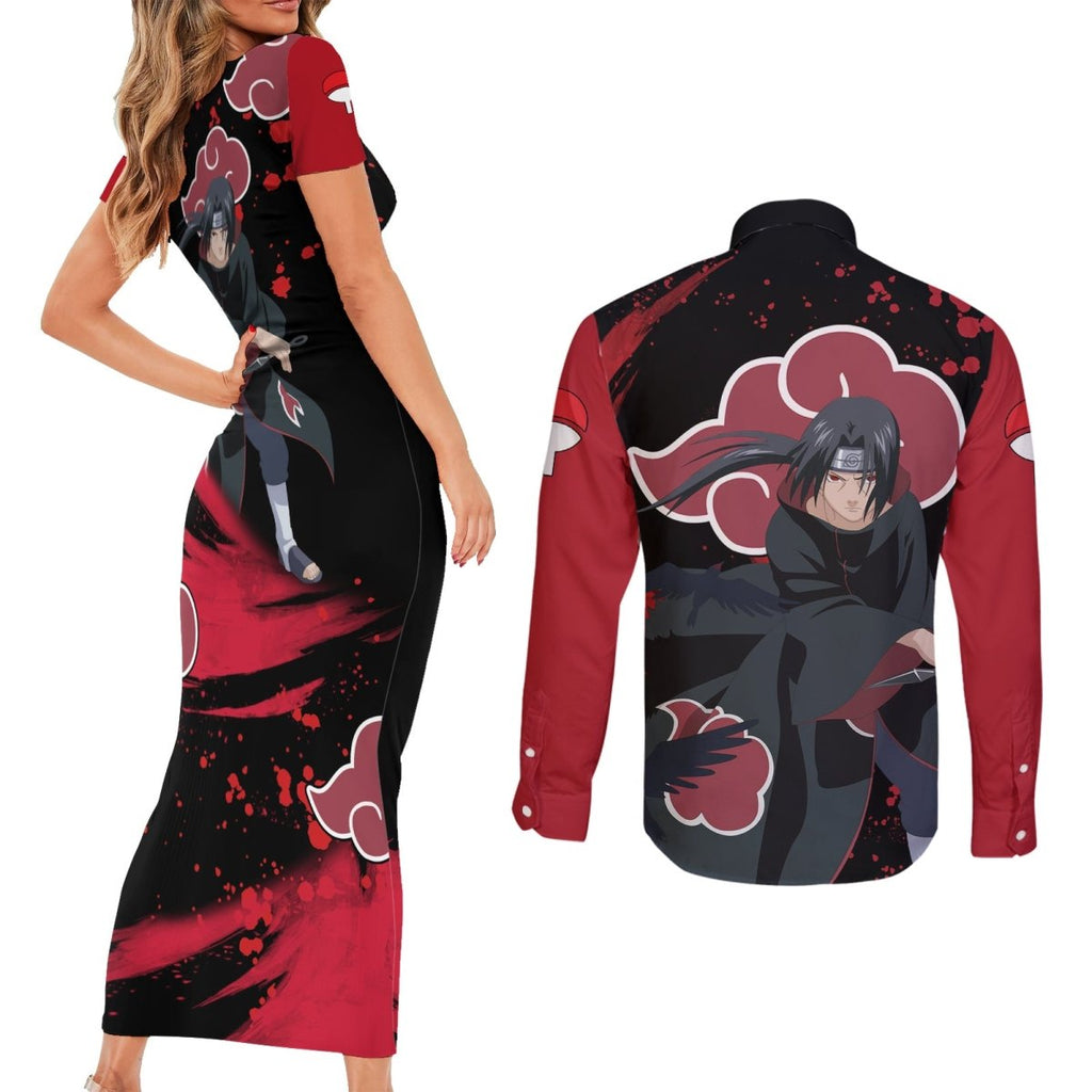 Akatsuki Itachi Couples Matching Short Sleeve Bodycon Dress and Long Sleeve Button Shirt Naruto TS04 - The Mazicc - S - S - Black/Red