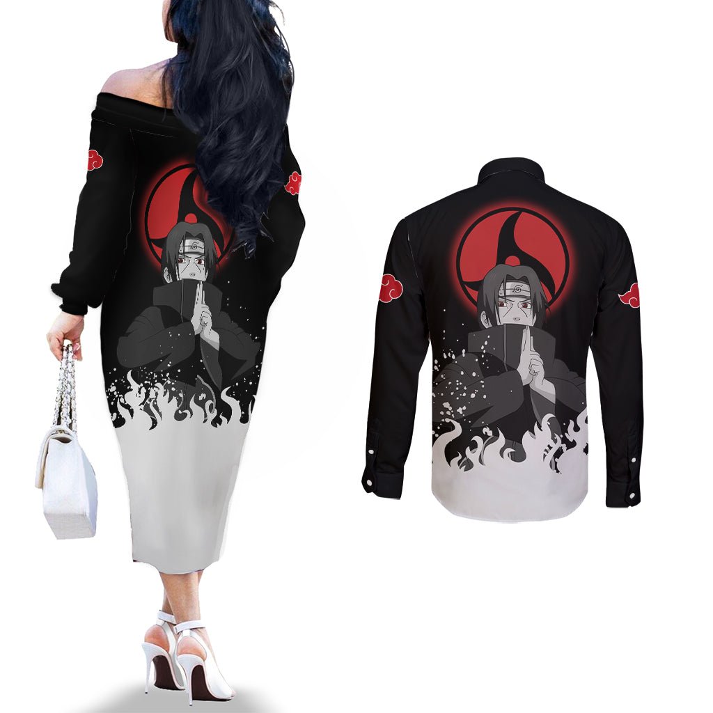 Akatsuki Itachi Uchiha Akatsuki Itachi Uchiha Couples Matching Off The Shoulder Long Sleeve Dress and Long Sleeve Button Shirt TS04 - The Mazicc - S - S - Black