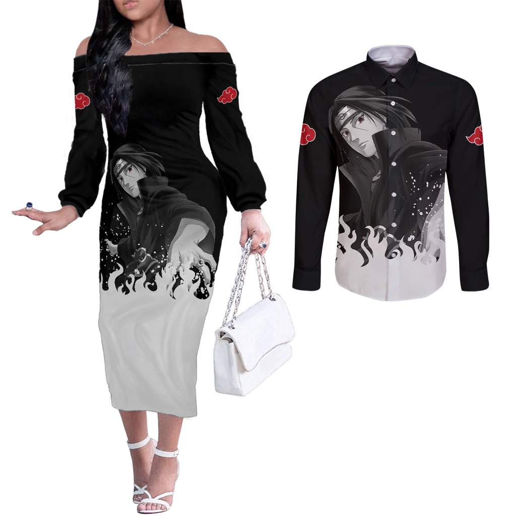 Akatsuki Itachi Uchiha Akatsuki Itachi Uchiha Couples Matching Off The Shoulder Long Sleeve Dress and Long Sleeve Button Shirt TS04 - The Mazicc - S - S - Black