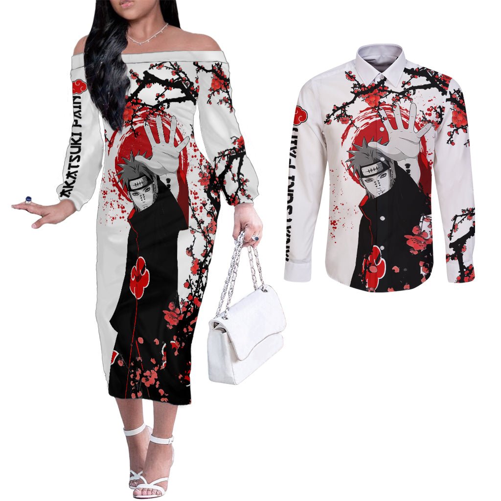 Akatsuki Pain - Anime Japan Styles Couples Matching Off The Shoulder Long Sleeve Dress and Long Sleeve Button Shirt TS04 - The Mazicc - S - S - White