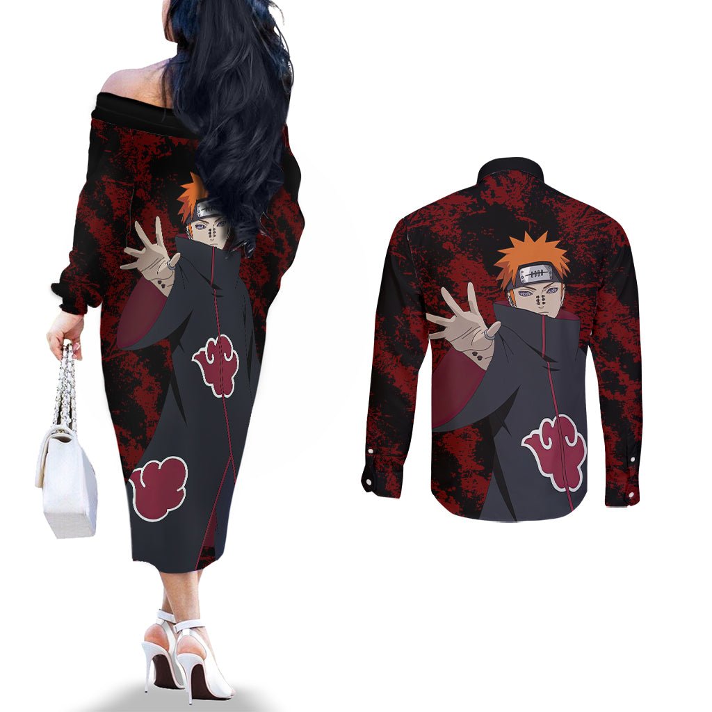Akatsuki Pain - Anime Tie - Dye Style Couples Matching Off The Shoulder Long Sleeve Dress and Long Sleeve Button Shirt TS04 - The Mazicc - S - S - Multicolor