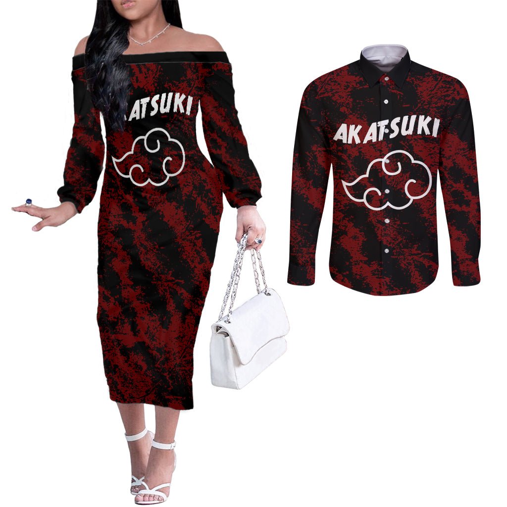 Akatsuki Pain - Anime Tie - Dye Style Couples Matching Off The Shoulder Long Sleeve Dress and Long Sleeve Button Shirt TS04 - The Mazicc - S - S - Multicolor