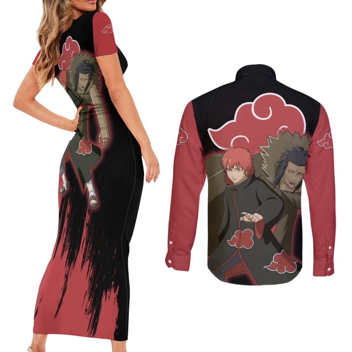 Akatsuki Sasori Couples Matching Short Sleeve Bodycon Dress and Long Sleeve Button Shirt Naruto TS04 - The Mazicc - S - S - Black/Red