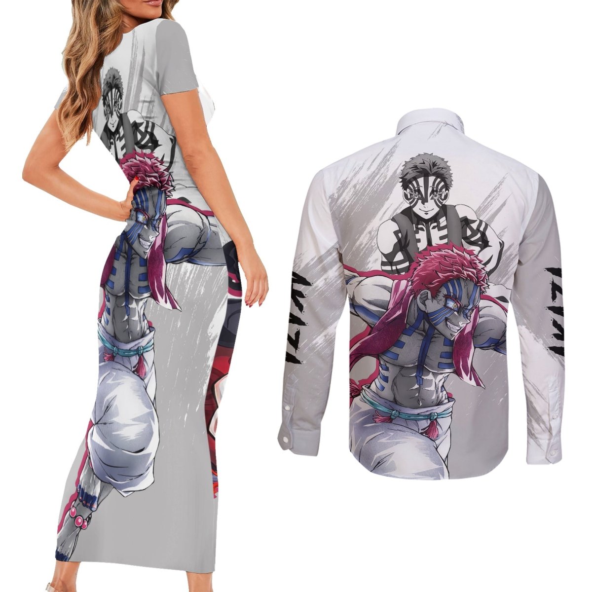 Akaza Couples Matching Short Sleeve Bodycon Dress and Long Sleeve Button Shirt Demon Slayer TS04 - The Mazicc - S - S - White