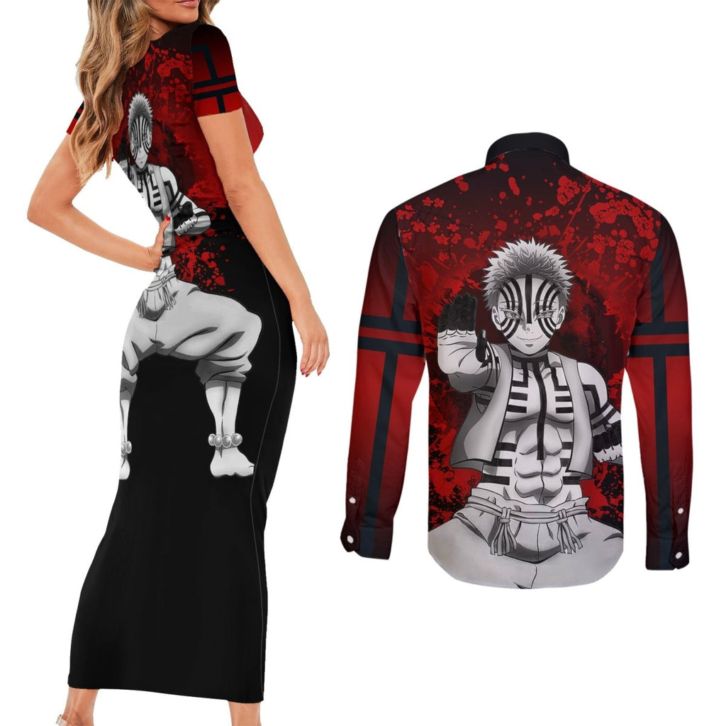 Akaza Demon Slayer Couples Matching Short Sleeve Bodycon Dress and Long Sleeve Button Shirt Japan Art TS04 - The Mazicc - S - S - Red